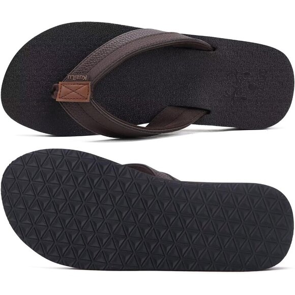 〽️Men\'s Flip Flop Sandal Dark Brown Leather Slip On Arch Support Comfort Shoes